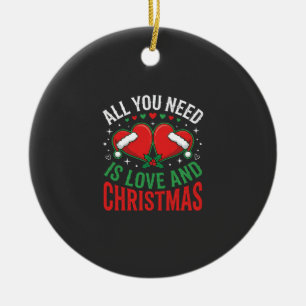 Christmas Love Santa Hat Typography Ceramic Ornament