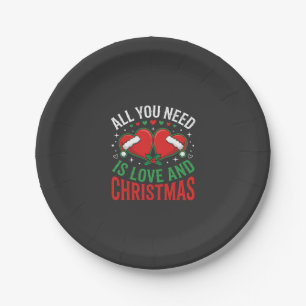 Christmas Love Santa Hat Typography Paper Plate