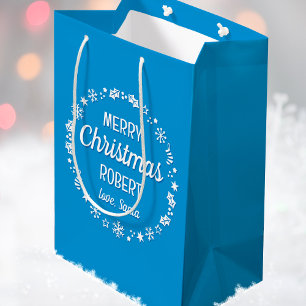 Christmas Love Santa Personalized Name Blue Medium Gift Bag