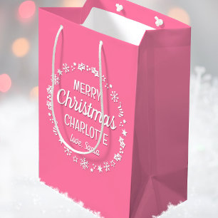 Christmas Love Santa Personalized Name Pink Medium Gift Bag