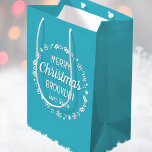 Christmas Love Santa Personalized Name Teal Medium Gift Bag<br><div class="desc">Create your own 'Love,  Santa' gift bag with this fun and festive design! A stylish template,  personalized with the recipient's name and featuring an illustrated border with snowflakes,  holly,  Christmas stockings and stars. An unique way of presenting a gift to someone special! Colours: blue-green teal and white.</div>