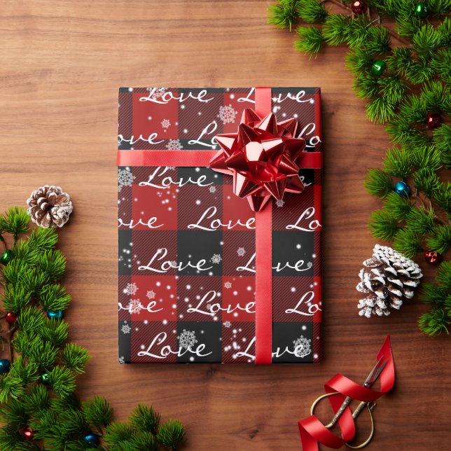 Christmas LOVE Text On Plaid In Snowflakes Wrapping Paper (Holiday Gift)