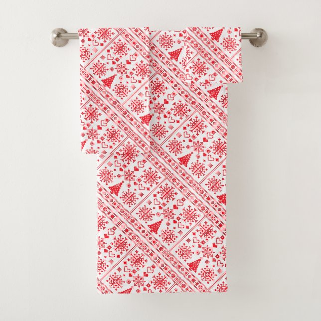 Christmas Lover Cross Pattern Sampler Design Bath Towel Set (Insitu)
