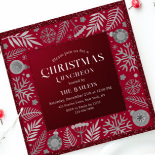 Christmas Luncheon Burgundy Glitter Snowflakes Invitation
