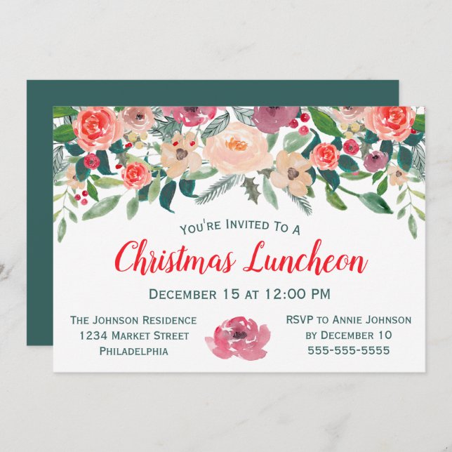 Christmas Luncheon Event Winter Florals Invitation (Front/Back)