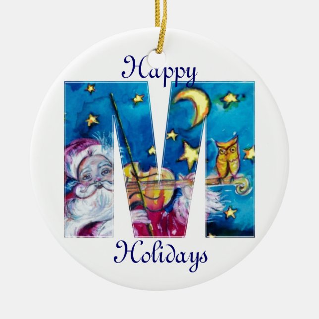 CHRISTMAS M LETTER / INSPIRED SANTA MONOGRAM CERAMIC ORNAMENT (Front)