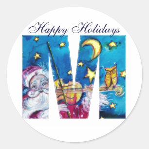 CHRISTMAS M LETTER / INSPIRED SANTA MONOGRAM CLASSIC ROUND STICKER