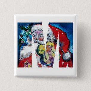 CHRISTMAS M LETTER / SANTA  WITH VIOLIN MONOGRAM 2 INCH SQUARE BUTTON