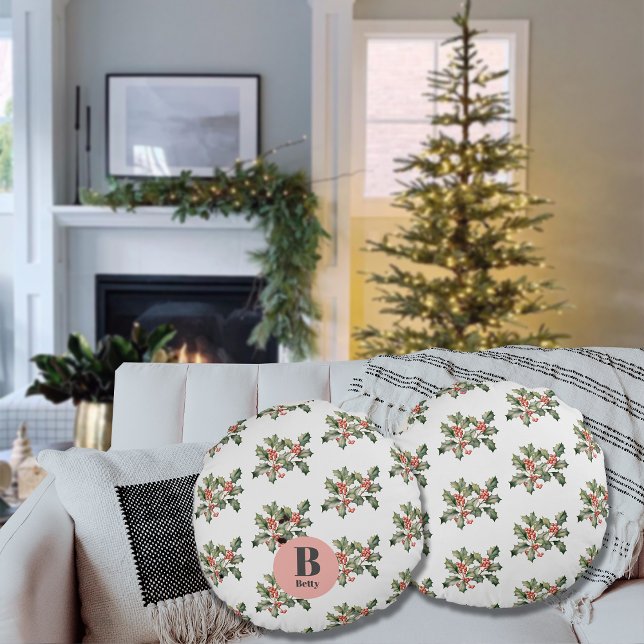 Christmas Macaron Mistletoe Custom Name  Round Pillow (Creator Uploaded)