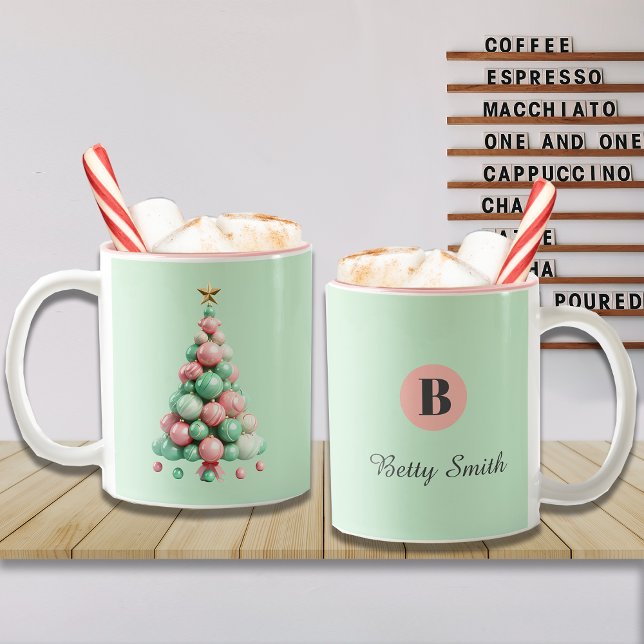 Christmas Macaron Trees Custom Name and Message Two-Tone Coffee Mug (Creator Uploaded)