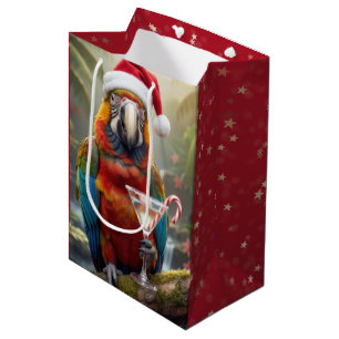 Christmas Macaw Parrot With Martini Cocktail Medium Gift Bag