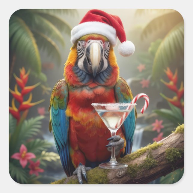 Christmas Macaw Parrot With Martini Cocktail Square Sticker (Front)
