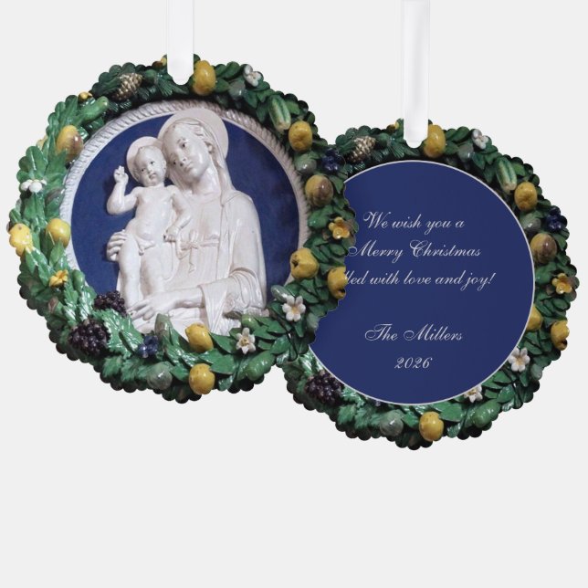 Christmas Madonna and Child Della Robbia Garland Ornament Card (Front/Back)