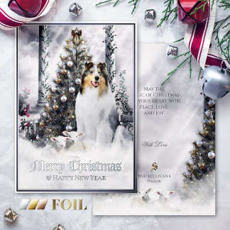 Christmas Magic, Blue Merle Rough Collie & Lambs - Foil Holiday Card