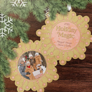 Christmas Magic: Gold and Pink Star Design Photo Ornament Card