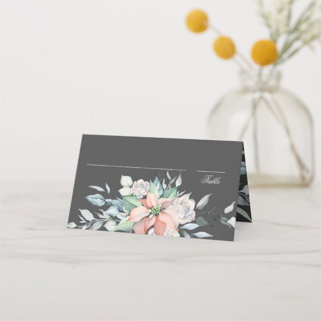 Christmas Magic | Grey | Poinsettia Wedding Place Card (Front)