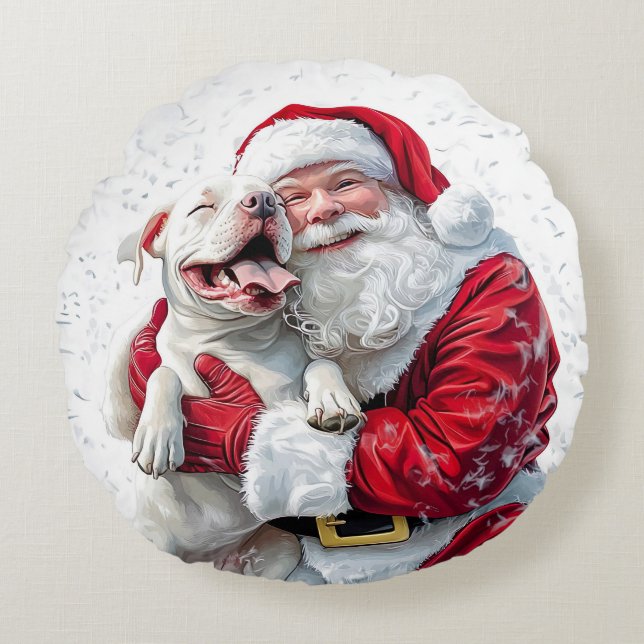 Christmas Magic is a Dog's Wagging Tail & Santa Round Pillow (Front)
