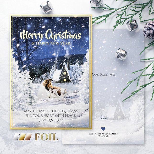 Christmas Magic, Sable Rough Collie & Lambs - Foil Holiday Card (Creator Uploaded)