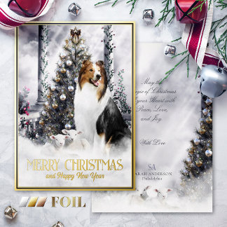 Christmas Magic, Saddleback Rough Collie & Lambs - Foil Holiday Card