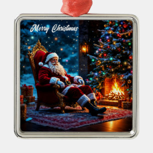 Christmas magic Santa Claus cozy fireplace  Metal Ornament