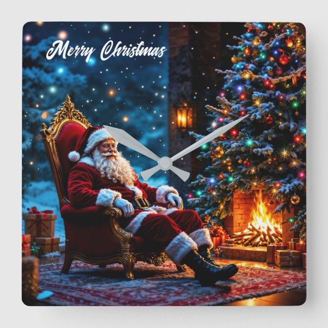Christmas magic Santa Claus cozy fireplace  Square Wall Clock (Front)