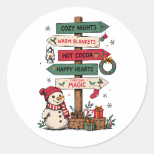 Christmas Magic Signpost Snowman Cozy Nights Xmas Classic Round Sticker