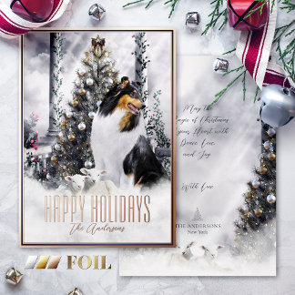Christmas Magic, Tricolor Rough Collie & Lambs - Foil Holiday Card