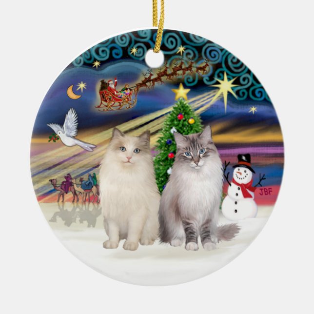 Christmas Magic - Two Ragdoll cats Ceramic Ornament (Front)