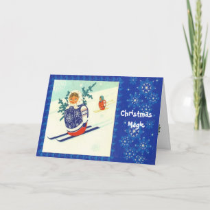 Christmas magic, Vintage Matryosha on skis Holiday Card
