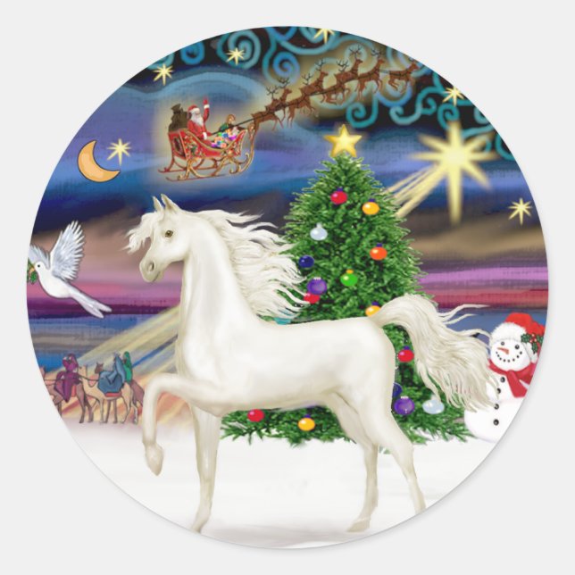Christmas Magic - White Arabian Horse Classic Round Sticker (Front)