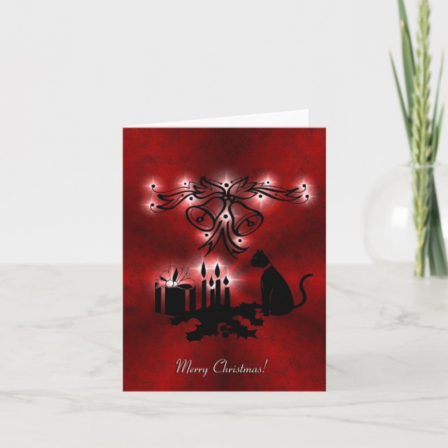Christmas Magic with Black Cat on Red Rainbow Holiday Card (Front)