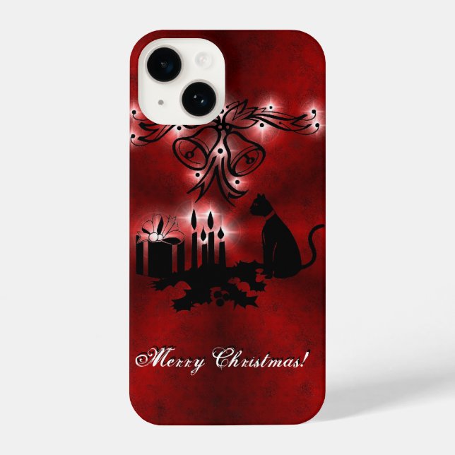 Christmas Magic with Black Cat on Red Rainbow iPhone Case (Back)