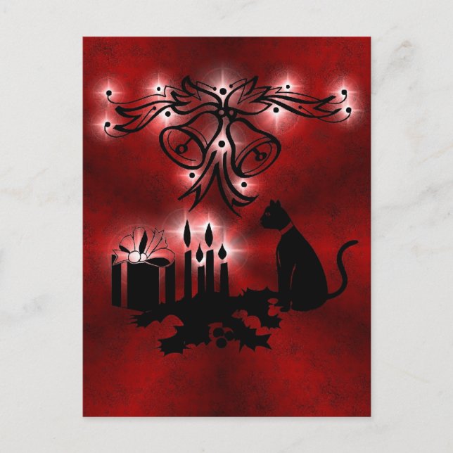 Christmas Magic with Black Cat on Red Rainbow Postcard (Front)