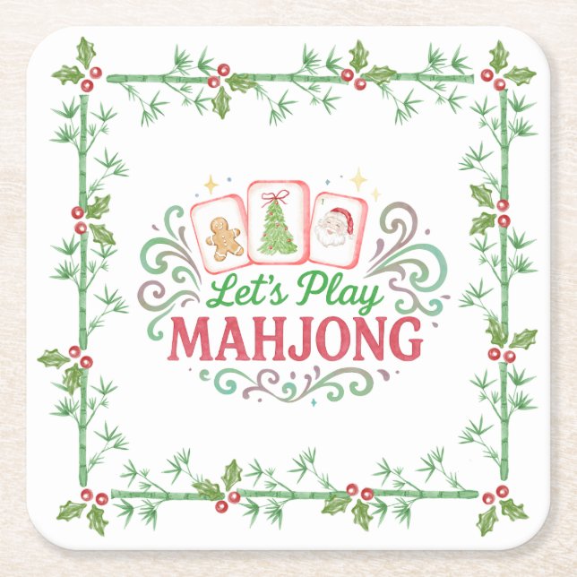 Christmas Mahjong Crest | Monogram Square Paper Coaster (Front)