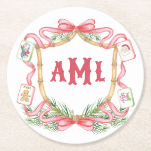 Christmas Mahjong   Monogram Round Paper Coaster
