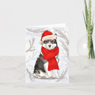Christmas Malamute Dog and Botanical Pines Holiday Card