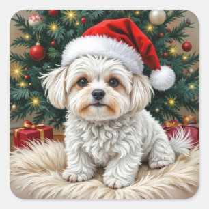 Christmas Maltese Dog On a Fur Pillow Square Sticker