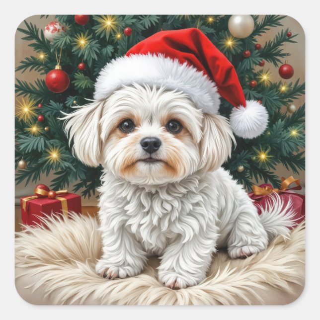 Christmas Maltese Dog On a Fur Pillow Square Sticker (Front)