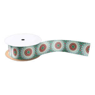Christmas Mandala in Red, Green, and Frosted Blue Satin Ribbon