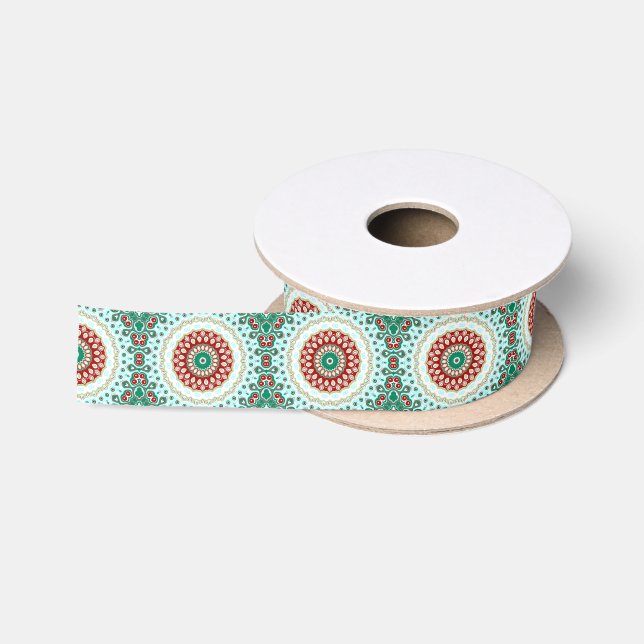 Christmas Mandala in Red, Green, and Frosted Blue Satin Ribbon (Spool)