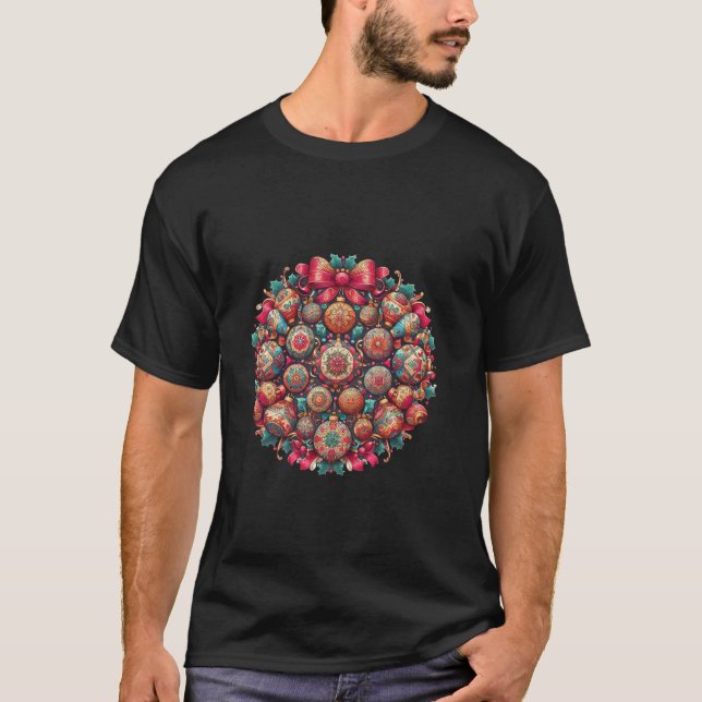 Christmas mandala with holly leaves ornaments and  T-Shirt (Front)