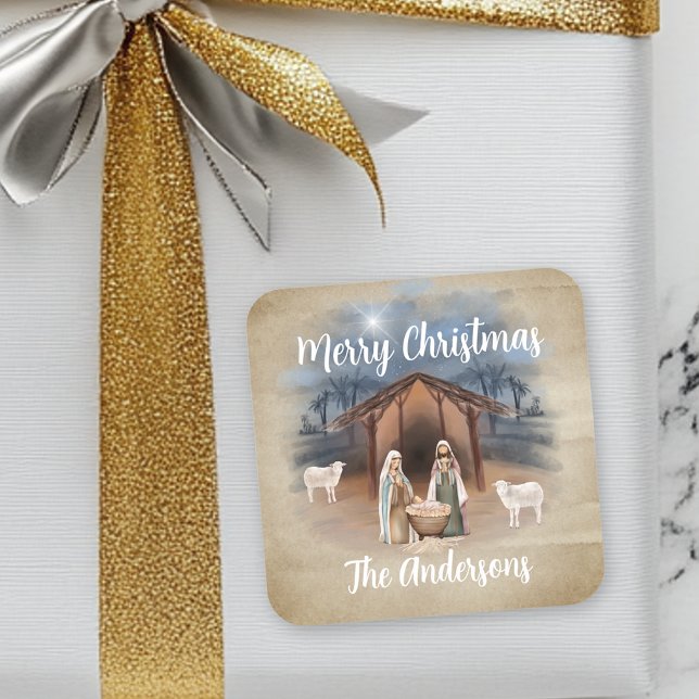 Christmas Manger Nativity Scene Watercolor Square Sticker (Creator Uploaded)
