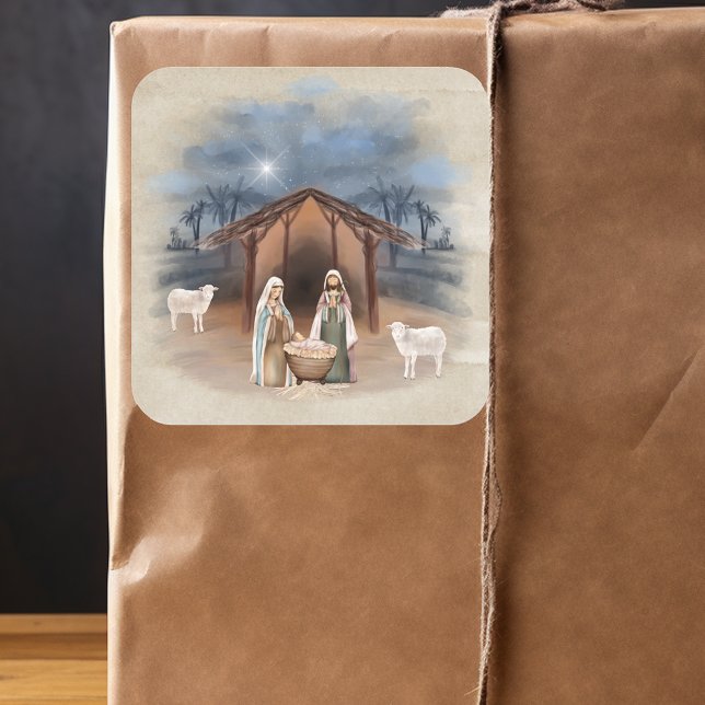 Christmas Manger Nativity Scene Watercolor Square Sticker (Creator Uploaded)