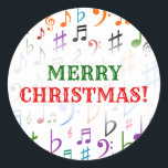 Christmas; Many Colourful Music Notes and Symbols Classic Round Sticker<br><div class="desc">This round Christmas sticker design features a pattern involving various music notes and music notation symbols coloured a variety of colours. It also features the warm Christmas greeting,  "MERRY CHRISTMAS!",  in red and green coloured text. [~Z0000114]</div>