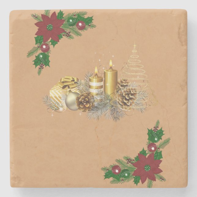 Christmas Marble Stone Coaster, Christmas Candle Stone Coaster (Front)