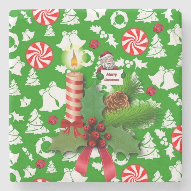 Christmas Marble Stone Coaster, Christmas Candle Stone Coaster (Front)
