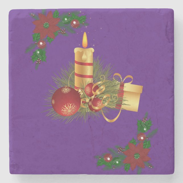 Christmas Marble Stone Coaster, Christmas Candle Stone Coaster (Front)