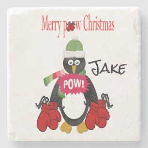 Christmas Marble Stone Coaster, Penguin Boxing Pow Coaster