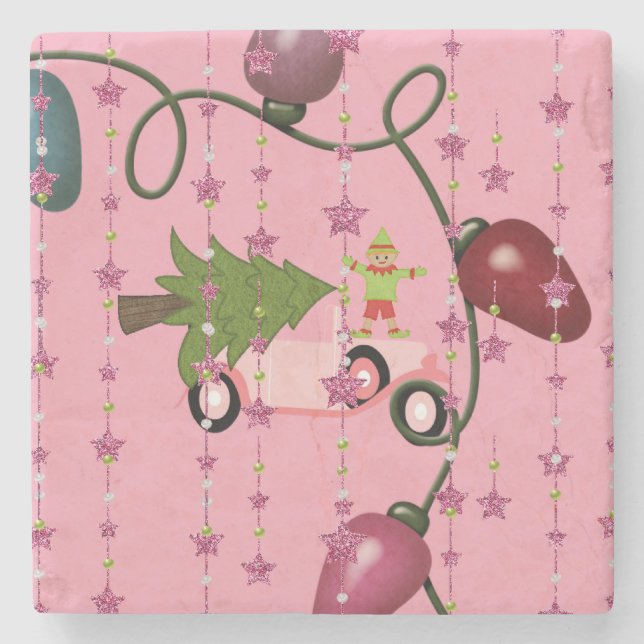 Christmas Marble Stone Coaster, Pink Elf  Stone Coaster (Front)