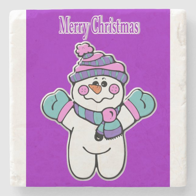 Christmas Marble Stone Coaster, Purple Snowman Coaster (Front)